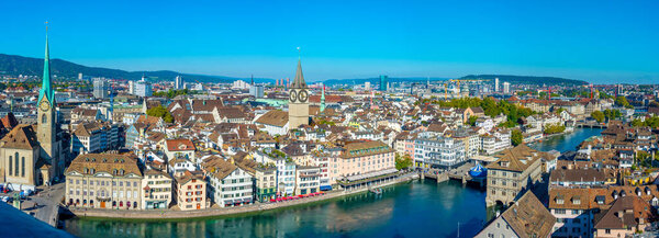 Panorama of the church of saint peter in swiss city zurich.