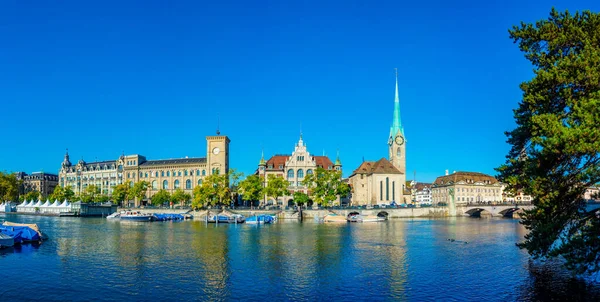 Panoramic View Historic Zurich City Center Famous Fraumunster Church River — Stock Photo, Image