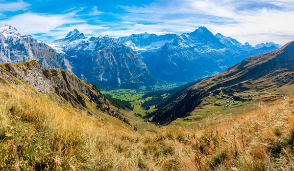 İsviçre 'deki Grindelwald köyünün üzerindeki Alpler Panoraması.