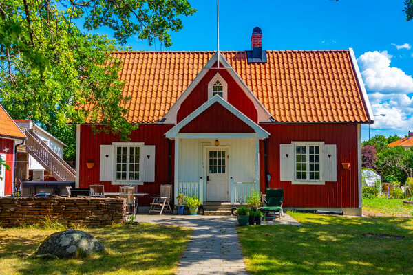 Colorful timber houses at Borgholm in Swedish island oland.