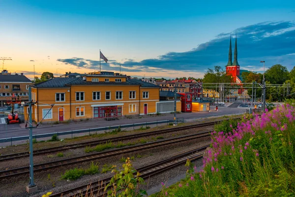Solnedgång Utsikt Över Tågstation Vaxjo Sverige — Stockfoto