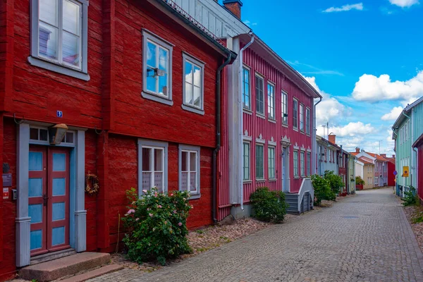 stock image Colorful timber houses in Swedish town Eksjo