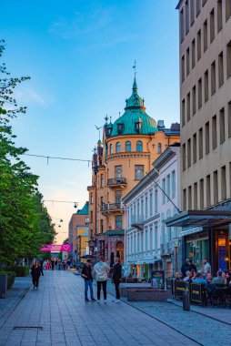 Vaasa, Finlandiya, 23 Temmuz 2022: Vaasa, Finlandiya 'da Hovioikeudenpuistikko Caddesi günbatımı..