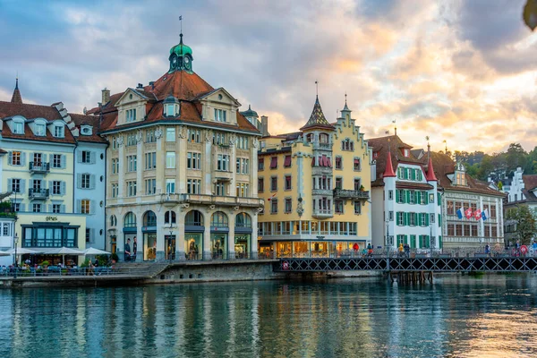 stock image Luzern, Switzerland, September 20, 2022: Hotels on waterfront of Reuss at Swiss town Luzern.