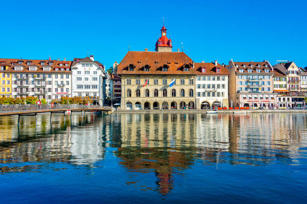 Luzern, Switzerland, September 21, 2022: Hotels on waterfront of Reuss at Swiss town Luzern.