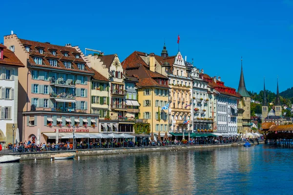 stock image Luzern, Switzerland, September 21, 2022: Hotels on waterfront of Reuss at Swiss town Luzern.