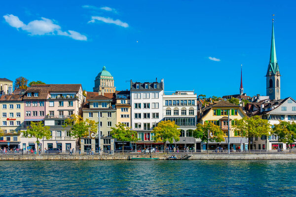 Zuerich, Switzerland, September 21, 2022: Panorama view of Limmat river with ETH university building in Zurich, Switzerland.