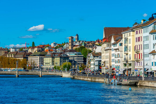 Zuerich, Switzerland, September 21, 2022: Panorama view of Limmat river in Zurich, Switzerland.