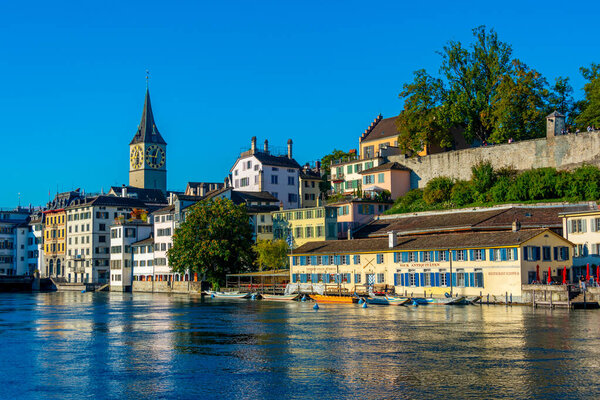 Zuerich, Switzerland, September 22, 2022: Panorama view of Limmat river in Zurich, Switzerland.
