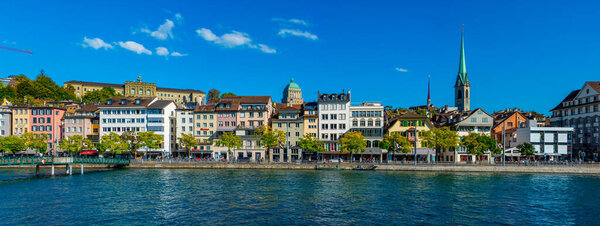 Zurich, Switzerland, September 21, 2022: Panorama view of Limmat river with ETH university building in Zurich, Switzerland