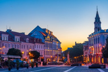 Vilnius, Litvanya, 7 Temmuz 2022: Litvanya 'nın başkenti Vilnius, Litvanya' nın belediye binasının gece manzarası .