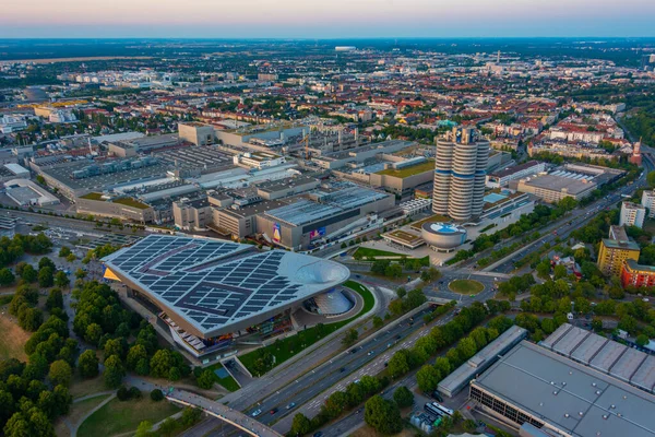 stock image Munich, Germany, August 14, 2022: Sunset aerial view of BMW Welt in German town Munich.