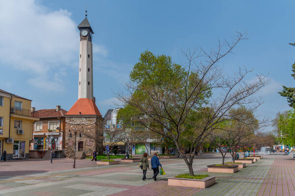 Pazardjik, Bulgaria, April 22, 2022: Old clock tower in the center of Pazardjik, Bulgaria.