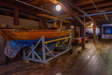 Karlskrona, İsveç, 14 Temmuz 2022: Karlskrona, İsveç 'teki deniz müzesinde balıkçı tekneleri koleksiyonu...