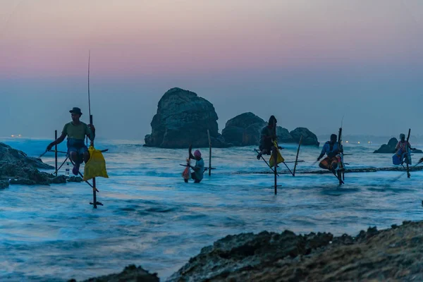 Koggala Sri Lanka January 2022 Sunset View Traditional Stilt Fishermen — Stock Photo, Image