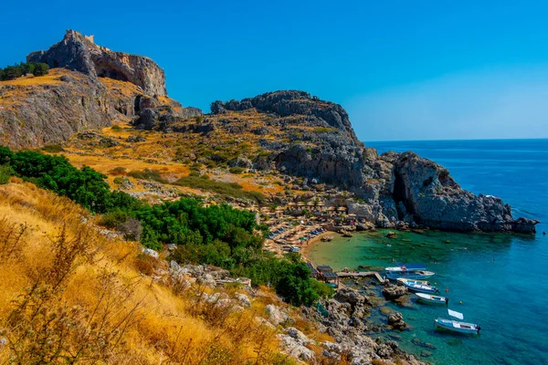 Lindos Grekland September 2022 Sankt Pauls Strand Vid Grekiska Lindos — Stockfoto