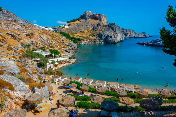 Lindos Grecia Septiembre 2022 Playa San Pablo Ciudad Griega Lindos — Foto de Stock