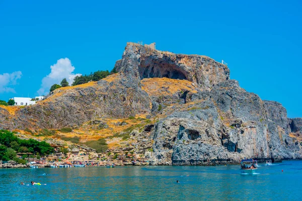 Λίνδος Ελλάδα Σεπτεμβρίου 2022 Παραλία Του Αγίου Παύλου Στην Ελληνική — Φωτογραφία Αρχείου