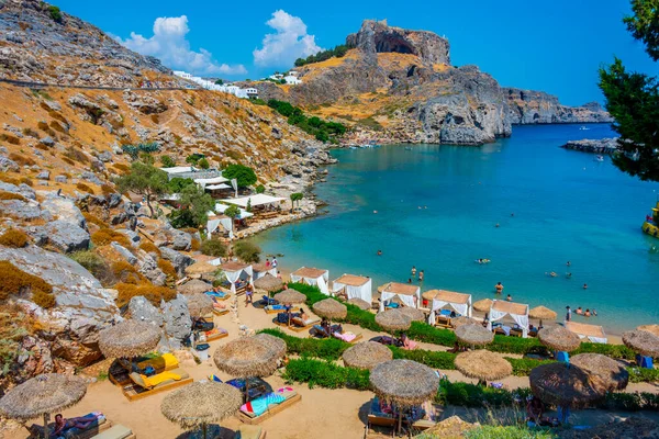Lindos Grecia Septiembre 2022 Playa San Pablo Ciudad Griega Lindos — Foto de Stock