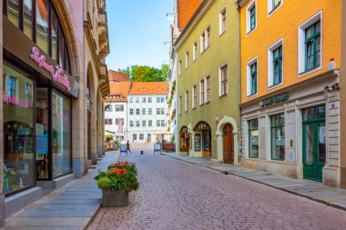 Meissen, Almanya, 7 Ağustos 2022: Alman kenti Meissen 'de ticari bir caddenin görüntüsü.