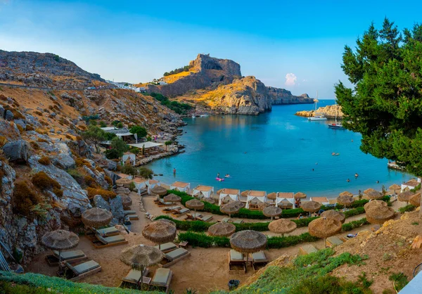 Линдос Греция Сентября 2022 Года Пляж Святого Павла Греческом Городе — стоковое фото