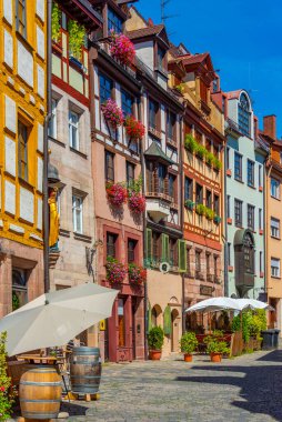 Nurnberg, Almanya, 11 Ağustos 2022: Almanya 'nın Nurnberg kentindeki kereste evleri.