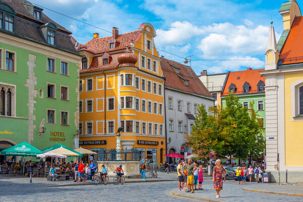 Regensburg, Germany, August 13, 2022: View of a street in the old town of German town Regensburg.