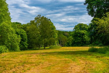 Tranekaer, Danimarka, 20 Haziran 2022: Danimarka 'da bir yaz günü Tranekaer Slot' a ait parkta sanatsal tesisler.
