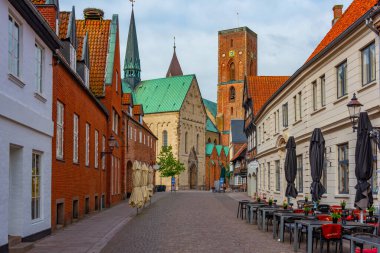 Ribe, Danimarka, 18 Haziran 2022: Danimarka 'da Ribe Katedrali' ne çıkan sokak.