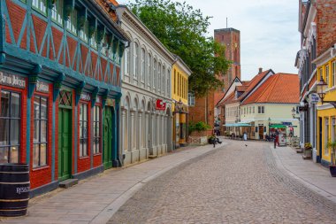 Ribe, Danimarka, 17 Haziran 2022: Danimarka 'da Ribe Katedrali' ne çıkan sokak.