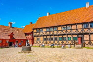 Aarhus, Danimarka, 16 Haziran 2022: Danimarka 'nın Aarhus kentindeki açık hava müzesinin yanında Den Gamle' de renkli evler.