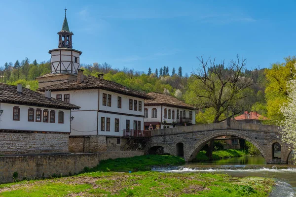 Трявна Болгария Апреля 2022 Историческая Часовой Башня Центре Трявны Рекой — стоковое фото