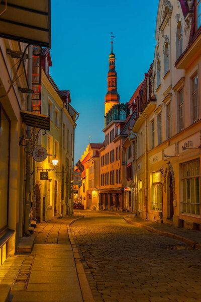 Tallinn, Estonia, June 29, 2022: Sunset view of a street in the center of Tallinn, Estonia..