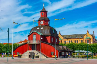 Lidkoping, Sweden, July 17, 2022: Red timber town hall in Lidkoping, Sweden.IMAGE clipart