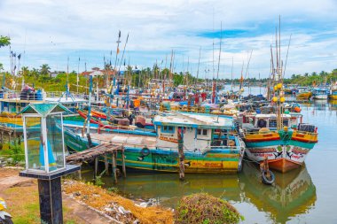 Negombo, Sri Lanka, 13 Şubat 2022: Sri Lanka 'daki Negombo lagününün kıyısına demir atan balıkçı tekneleri.