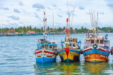 Negombo, Sri Lanka, 13 Şubat 2022: Sri Lanka 'daki Negombo lagününün kıyısına demir atan balıkçı tekneleri.