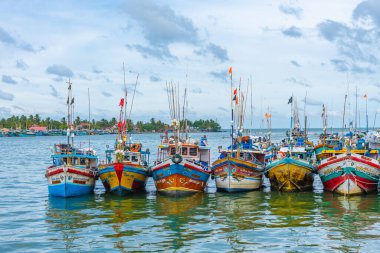 Negombo, Sri Lanka, 13 Şubat 2022: Sri Lanka 'daki Negombo lagününün kıyısına demir atan balıkçı tekneleri.