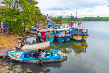Negombo, Sri Lanka, 13 Şubat 2022: Sri Lanka 'daki Negombo lagününün kıyısına demir atan balıkçı tekneleri.