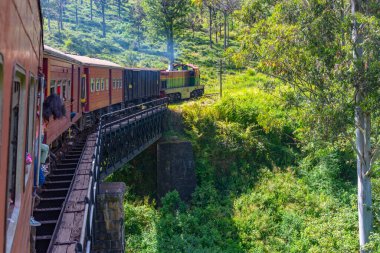 Ella, Sri Lanka, 29 Ocak 2022: Sri Lanka 'daki çay tarlaları arasında yamaçta gezinen tren.