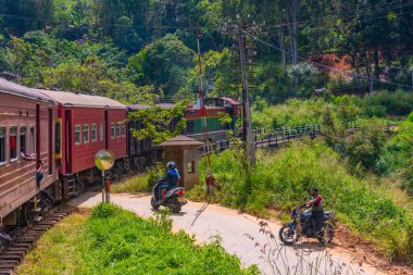 Ella, Sri Lanka, 29 Ocak 2022: Sri Lanka 'daki çay tarlaları arasında yamaçta gezinen tren.