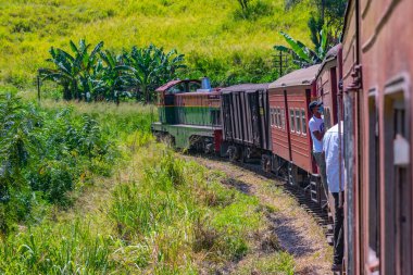 Ella, Sri Lanka, 29 Ocak 2022: Sri Lanka 'daki çay tarlaları arasında yamaçta gezinen tren.