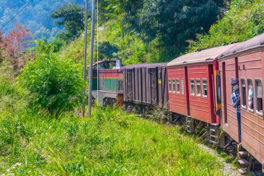 Ella, Sri Lanka, 29 Ocak 2022: Sri Lanka 'daki çay tarlaları arasında yamaçta gezinen tren.
