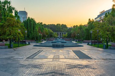 Erivan, Ermenistan 'daki Vardanya Parkı' ndaki fıskiyelerin gün doğumu manzarası