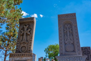 Khachkars 'lı Noratus mezarlığı - Ermenistan' da antik mezar taşları