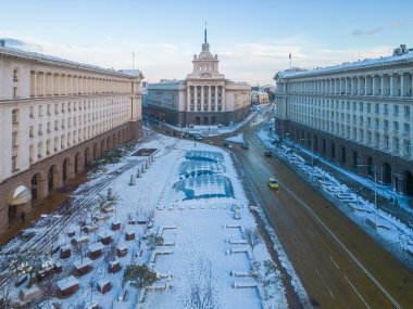 Winter aerial of Largo square in Sofia with national assembly building, Bulgaria clipart