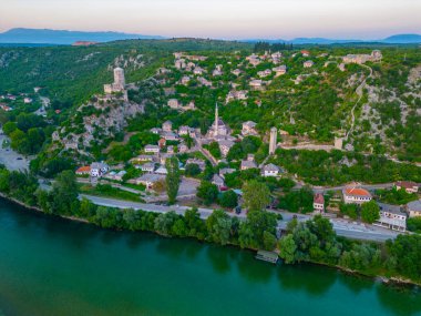 Sunset aerial view of Pocitelj village in Bosnia and Herzegovina clipart