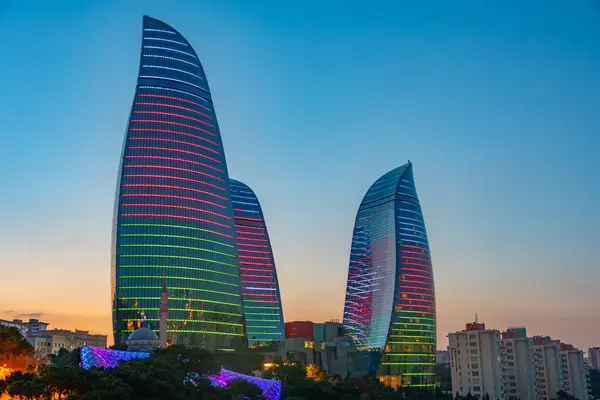 stock image Sunset view of Flame towers in Baku, Azerbaijan