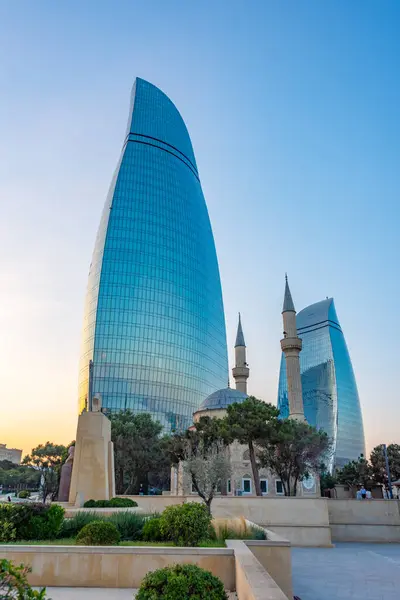 Sunset View Flame Towers Alley Martyrs Mosque Baku Azerbaijan Stock Image