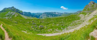 Karadağ 'ın Durmitor ulusal parkının zirveleri bir çayırın arkasında görülüyor