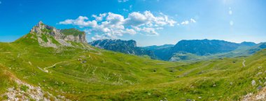 Karadağ 'ın Durmitor ulusal parkının zirveleri bir çayırın arkasında görülüyor